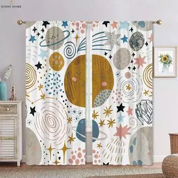 Мультфильм Планета Луна Звезда Принт Кровать Шторы Гостиная Кухня Детская Комната Декоративные Шторы Домашний Текстиль 2 Части W50xH140(CM)x2PCS&Rod pocket