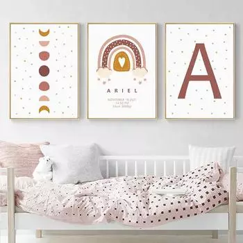Мультфильм Радуга на заказ, данные о рождении, начальные буквы, детские холсты, картины, настенная художественная печать, фотографии, плакат, домашний декор для детской комнаты A4 21x30cm No Frame