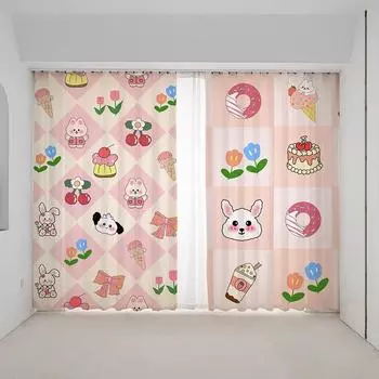 Мультфильм розовый клубника милый кролик щенок котенок принт высокая затемнение занавеска спальня гостиная жалюзи занавеска новый красивый узор W55 X H120cm X 2&HOOK