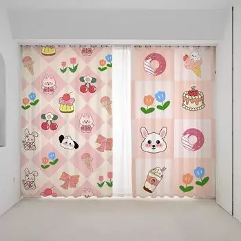 Мультфильм розовый клубника милый кролик щенок котенок принт высокая затемнение занавеска спальня гостиная жалюзи занавеска новый красивый узор W55 X H120cm X 2&HOOK