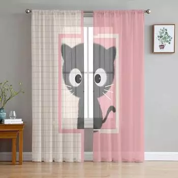 Мультфильм Розовый Кот Милые Оконные Шторы Гостиная Тюль Шторы Кухонный Декор Детская Комната Занавес Обработка Окна 135W x 114H(cm)