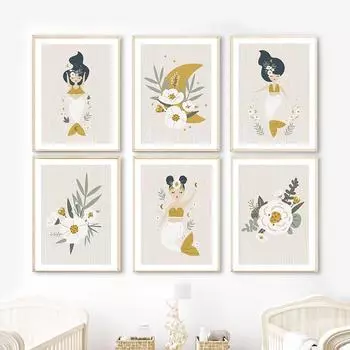 Мультфильм Русалка Роза Цветок Луны Бохо Плакаты на скандинавскую тему и принты настенная живопись на холсте настенные панно для детской комнаты домашний декор 21cm30cm NoFrame