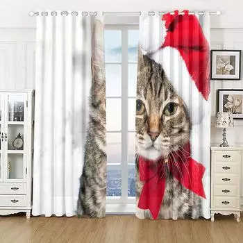 Мультфильм С Новым годом Рождество Кошка Животное Детские Шторы на окна Жалюзи для спальни Гостиная Кухня Дверь Домашний декор 2 шт. W50 X H130(CM)X2&Hook