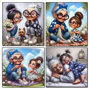 Мультфильм Счастливая бабушка и внучка 5D Полный круглый набор для алмазной живописи Пожилые люди и дети Сделай сам Сверла Мозаика Вышивка крестом square 30x30cm белый