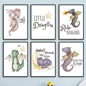 Мультфильм Сладкая мечта, маленький дракон, Луна, постер в стиле бохо, скандинавский настенный художественный принт, холст, живопись, детские фотографии, декор для детской комнаты 21x30cm No Framed