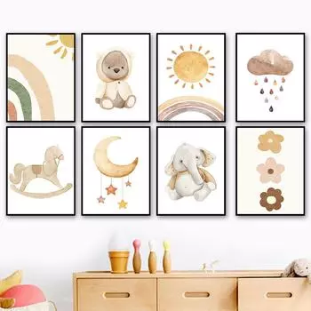Мультфильм слон, медведь, троянский конь, Радуга, солнце, настенная живопись на холсте, плакаты на скандинавскую тему и принты, настенные панно, декор для детской комнаты 21cm30cm NoFrame