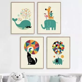 Мультфильм Слон Жираф Кит Волк Коала Настенная картина на холсте Плакаты на скандинавскую тему и принты настенные панно Декор для детской комнаты 21x30cm No Framed