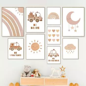 Мультфильм Солнце, Луна, Радуга, Облако, автомобиль, настенная живопись на холсте, плакаты на скандинавскую тему и принты, настенные панно для детской комнаты, декор для детской комнаты 21cm30cm NoFrame