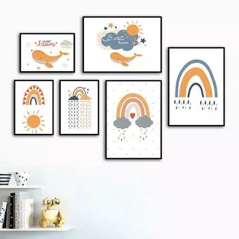 Мультфильм Солнце Настенное Искусство Радуга Облако Дождь Холст Картина Плакаты на скандинавскую тему и принты Настенные панно для детской комнаты Декор для детской комнаты 21cm30cm NoFrame