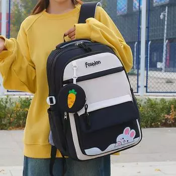 Мультфильм Студенческая школьная сумка женская большая вместимость рюкзак цветной блок рюкзак чёрный