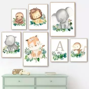 Мультфильм Тигр Ленивец Лев Обезьяна Бегемот Настенная картина на холсте Плакаты на скандинавскую тему и принты Настенная картина с изображением животных для декора детской комнаты 21cm30cm NoFrame