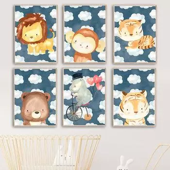 Мультфильм Тигр, Медведь, Лев, Зебра, Обезьяна, Облако, настенная живопись на холсте, плакаты на скандинавскую тему и принты, настенные панно, декор для детской комнаты 21cm30cm NoFrame