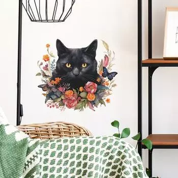 Мультфильм Веселый Черный Кот Зеленые Растения Цветы Спальня Гостиная Стена Украшения Декоративные Наклейки На Стены 35*39CM/fun-f7