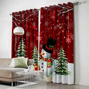 Мультфильм Веселый Рождественский Снеговик Дерево Красный Зеленый Оконные Шторы Для Гостиной Детская Спальня Ванная Кухня Дверь Домашний Декор2 Шт. W65X60H(cm)X2Pcs&Hook