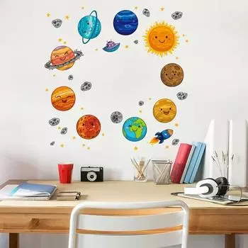 Мультфильм Вселенная Планета Стена Стикер Детские Комнаты Кабинет Спальня Украшения Обои Фреска Домашние Художественные Наклейки Детские Наклейки