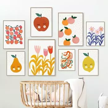 Мультфильм Яблоко Груша Лимон Персик Цветы Детская Художественная Картина На Холсте Скандинавские Плакаты И Принты Настенные Картины Декор Детской Комнаты A4 21X30cm No Framed