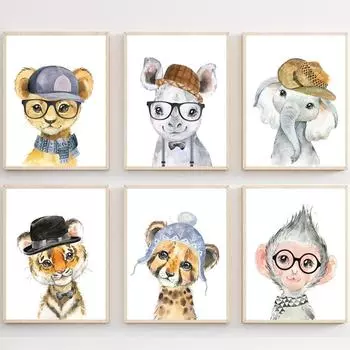 Мультфильм забавные животные слон тигр обезьяна детские постеры и принты настенная живопись на холсте настенные панно Декор для детской комнаты без рамки 21*30cm