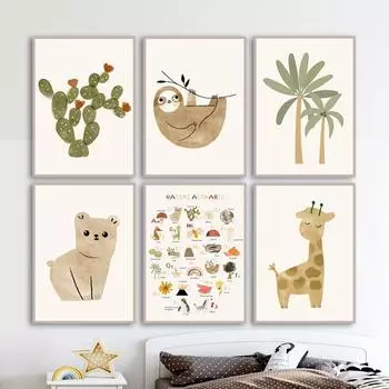Мультфильм Жираф Медведь Зебра Ленивец Дерево Природа Алфавит Искусство Холст Картины Плакаты на скандинавскую тему Отпечатки Настенные Панно Декор Детской Комнаты Без Рамки 21*30cm