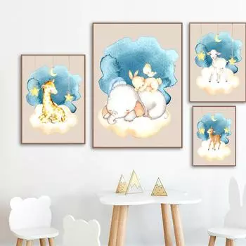 Мультфильм жираф олень кролик слон детские животные настенные художественные постеры и принты холст картины фотографии декор для детской комнаты 21*30cm