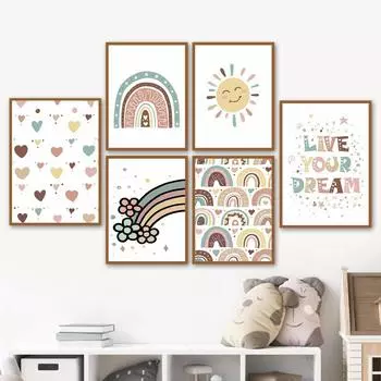 Мультфильм «Живи своей мечтой» с цитатами, плакаты на скандинавскую тему, Радуга, Солнце, звезды в форме сердца, художественная картина на холсте, настенные панно, декор для детской комнаты 21x30cm No Framed