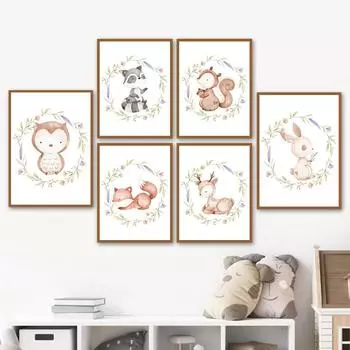 Мультфильм животное джунглей плакаты на скандинавскую тему Енот Олень Сова Кролик Лиса Белка настенная живопись на холсте настенные панно Декор для детской комнаты 21x30cm No Framed