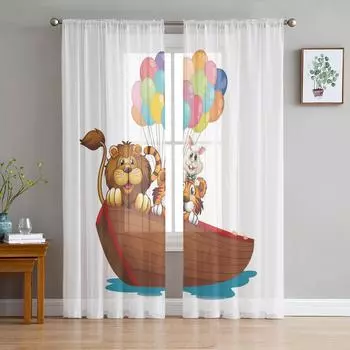 Мультфильм Животное Корабль Воздушный шар Лев Тигр Кролик Прозрачные шторы для гостиной Тюль для окон Вуаль Пряжа Короткие шторы для спальни W135 x H114cm