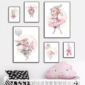 Мультфильм Животное Кролик Девочка Комната Розовая Настенная Живопись Холст Картины Детские Плакаты И Принты Настенные Картины Детская Комната Декор Без Рамки 21*30cm No Frame