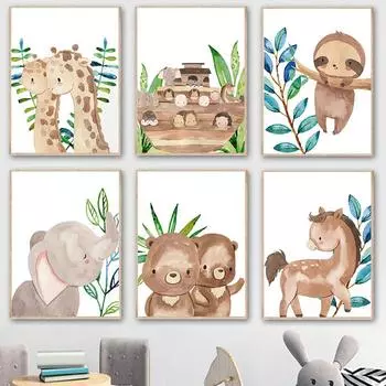 Мультфильм животное ленивец медведь жираф настенная живопись на холсте плакаты на скандинавскую тему и принты настенные панно для детской комнаты Декор для детской комнаты 21cm30cm NoFrame