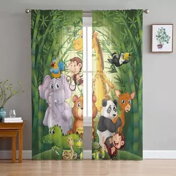 Мультфильм Животное Зеленый Бамбук Панда Слон Прозрачные Шторы Украшение Гостиной Оконные Шторы Кухня Тюль Вуаль Шторы W135 x H115cm x1