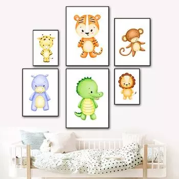 Мультфильм животных принты олень Лев обезьяна жираф детская настенная живопись холст картины плакаты настенные панно для детской комнаты домашний декор 21cm30cm NoFrame