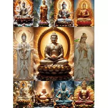 Мультфильм Золотой Свет Лотос Статуя Будды 5D Полный Круг Алмазная Картина Набор DIY Алмазная Мозаика Вышивка Крест Подарок 2024 Новый Full Round 20x30CM