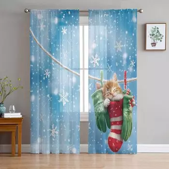 Мультфильм Звезда Кот Рождественские носки Снежинка Шторы для гостиной Спальня Домашнее украшение Окно Вуаль Тюль Шторы Шторы W135 x H114cm