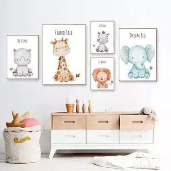 Мультфильмы Животные Настенное искусство Акварельные животные Постеры на холсте Жираф Зебра Картина Печать для украшения детской комнаты Картина без рамки 21*30cm No Frame