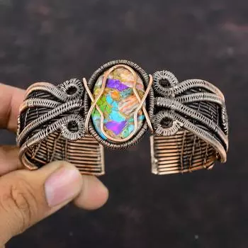 Мультимедный бирюзовый браслет, браслет-манжета из медной проволоки, браслет-манжета из настоящего драгоценного камня, регулируемый браслет-манжета, ювелирное изделие ручной работы, подарок для нее