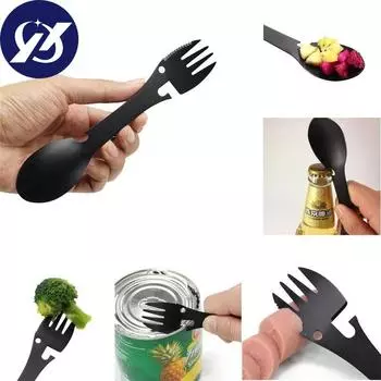 Мультитул 5 в 1, вилка из нержавеющей стали, Spork, лагерь для пикника, многофункциональный инструмент, столовые приборы, консервный нож чёрный