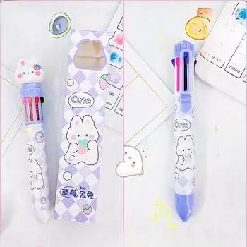 Мультяшная 10-цветная шариковая ручка для написания студенческих экзаменационных принадлежностей Моделирование в соответствии с многоцветной ручкой Strawberry Bunny/10PCS