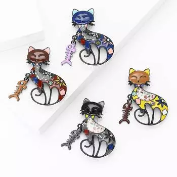 Мультяшная эмалевая брошь в виде рыбьей кости с изображением кошки, креативная универсальная булавка для мужского и женского костюма, свитера, корсажа