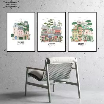 Мультяшная архитектура, художественный постер, Париж, Рим, Киото, иллюстрация, печать на холсте, фотографии для декора гостиной, интерьерные картины 21*30cm