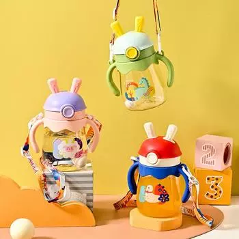 Мультяшная чашка для питья с ручкой, детская соломенная чашка, устойчивая к падению, детский сад, мужчины и женщины, ребенок учится пить 370ML розовый
