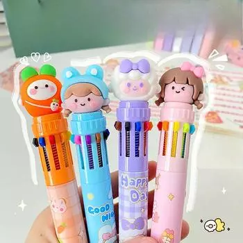 Мультяшная Десять Цветов Шариковая Ручка Многоцветная Ручка Для Счета Ручка Для Студентов Цветная Нейтральная Ручка Round face/2PCS