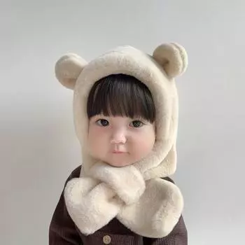 Мультяшная детская плюшевая шапка-шарф зимняя детская шапка из искусственного меха шарфы с капюшоном милые медвежьи ушки теплые ветрозащитные шапочки для девочек и мальчиков розовый