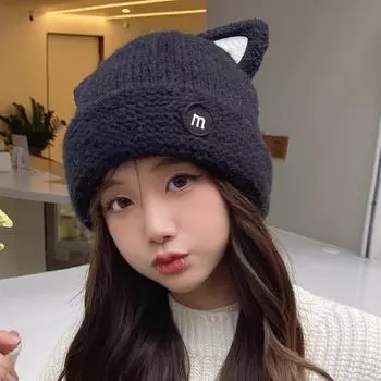Мультяшная девочка с кошачьими ушками, замедляющая старение вязаная шапка милая повседневная универсальная шерстяная шапка флисовая защита ушей теплая шапка M56-58cm чёрный