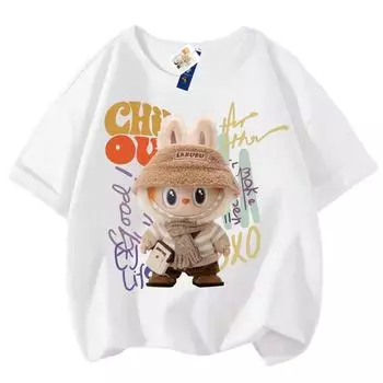 Мультяшная футболка с 3D-принтом LABUBU для детей, топ с круглым вырезом, новая, для мальчиков и девочек, милая, с коротким рукавом, детская одежда 100