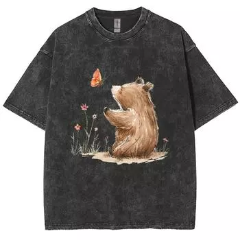 Мультяшная футболка женская с принтом бурого медведя, расписанная вручную, выстиранная, оверсайз, свободная, с коротким рукавом, унисекс, ретро, топ из искусственного денима M