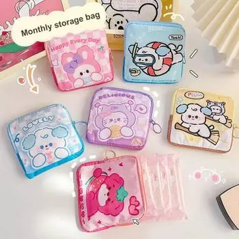 Мультяшная гигиеническая прокладка, сумка для хранения, милый кролик, медведь, собака, кошка, принт, портативная застежка-молния, маленькая портативная женская обувь для девочек, студенческий кошелек для монет, кошелек, сумка темно-синий