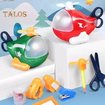 Мультяшная игрушка-вертолет с карандашной линейкой, ножницами, точилкой, ластиком, степлером, 6-в-1, детские канцелярские принадлежности, украшение самолета, студенты, школьные принадлежности для мальчиков красный