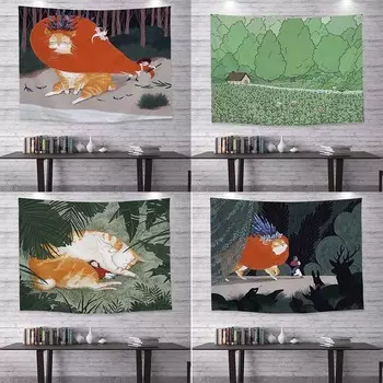 Мультяшная иллюстрация с изображением кота, подвесная ткань, украшение на стену для дома, гобелен для спальни, гостиной, гобелен 100x75cm