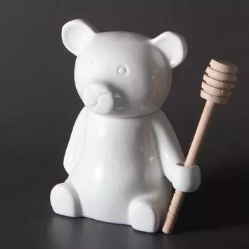 Мультяшная керамическая банка для меда с деревянной ложкой Белый медведь Моделирование точек Розлив животных Керамическая банка Творческое искусство Бутылка для меда