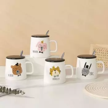 Мультяшная керамическая чашка Ins Wind Кружка с крышкой Джентльменская чашка Подарочная чашка для воды Большая емкость для девочек Чашка с ложкой 410ML