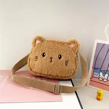 Мультяшная кошка, детские сумки кроссбоди для девочек, милая мягкая плюшевая детская наплечная сумка, зимние детские пушистые сумочки, кошелек для монет коричневый